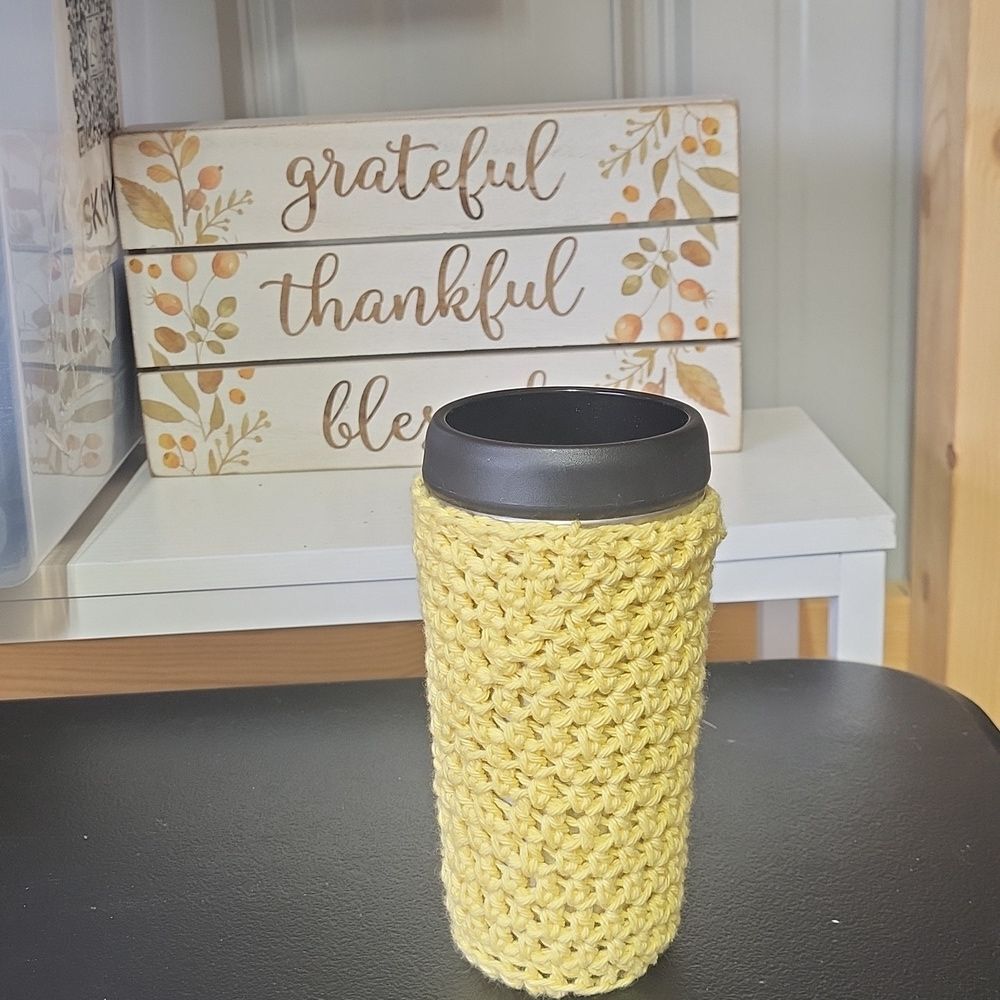 Homemade Yellow Crochet Coffee Cozy